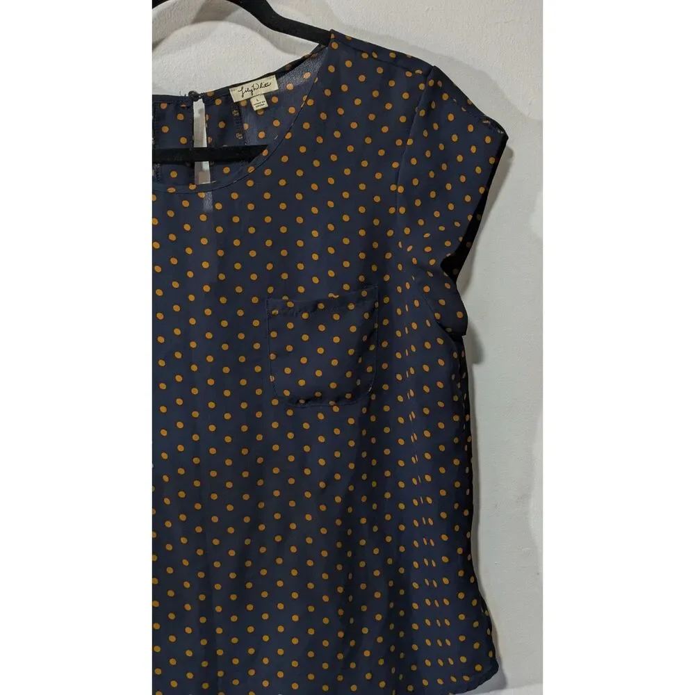 Lily White Blouse navy blue with orange polka dots L